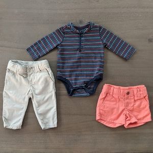 🐢BABY GAP Orange Short, Khaki Pants, & Onesie Set